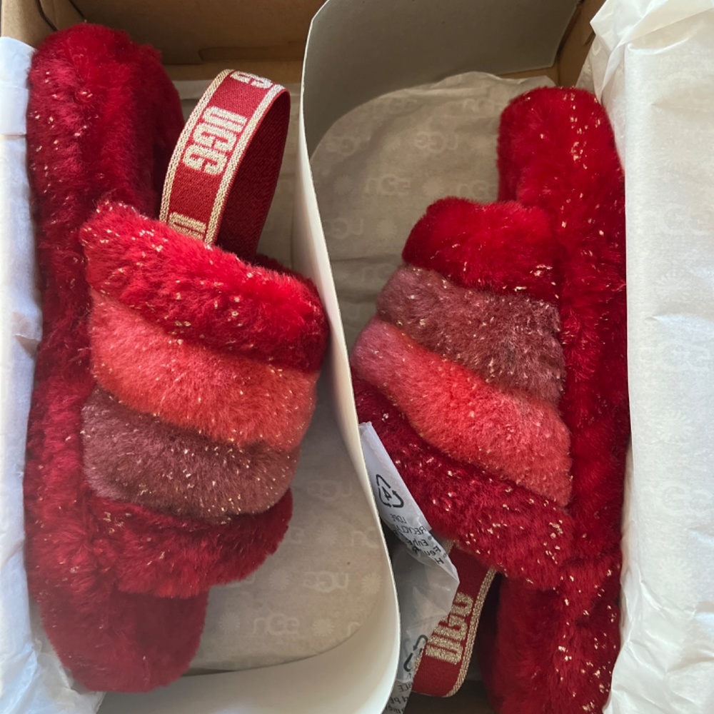 UGG Fluff Yeah Slingback Slippers Slides Red and Gold Glitter - Picture 8 of 10